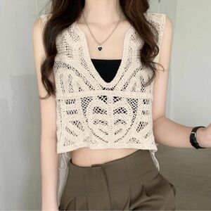 House of Harlow Crochet Crop Top Vest Ivory Boho Festival Side Tie One Size